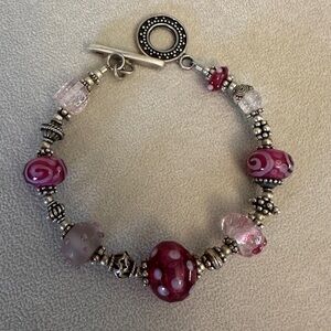 Sterling Glass Bead  Bracelet 7.5” Pink